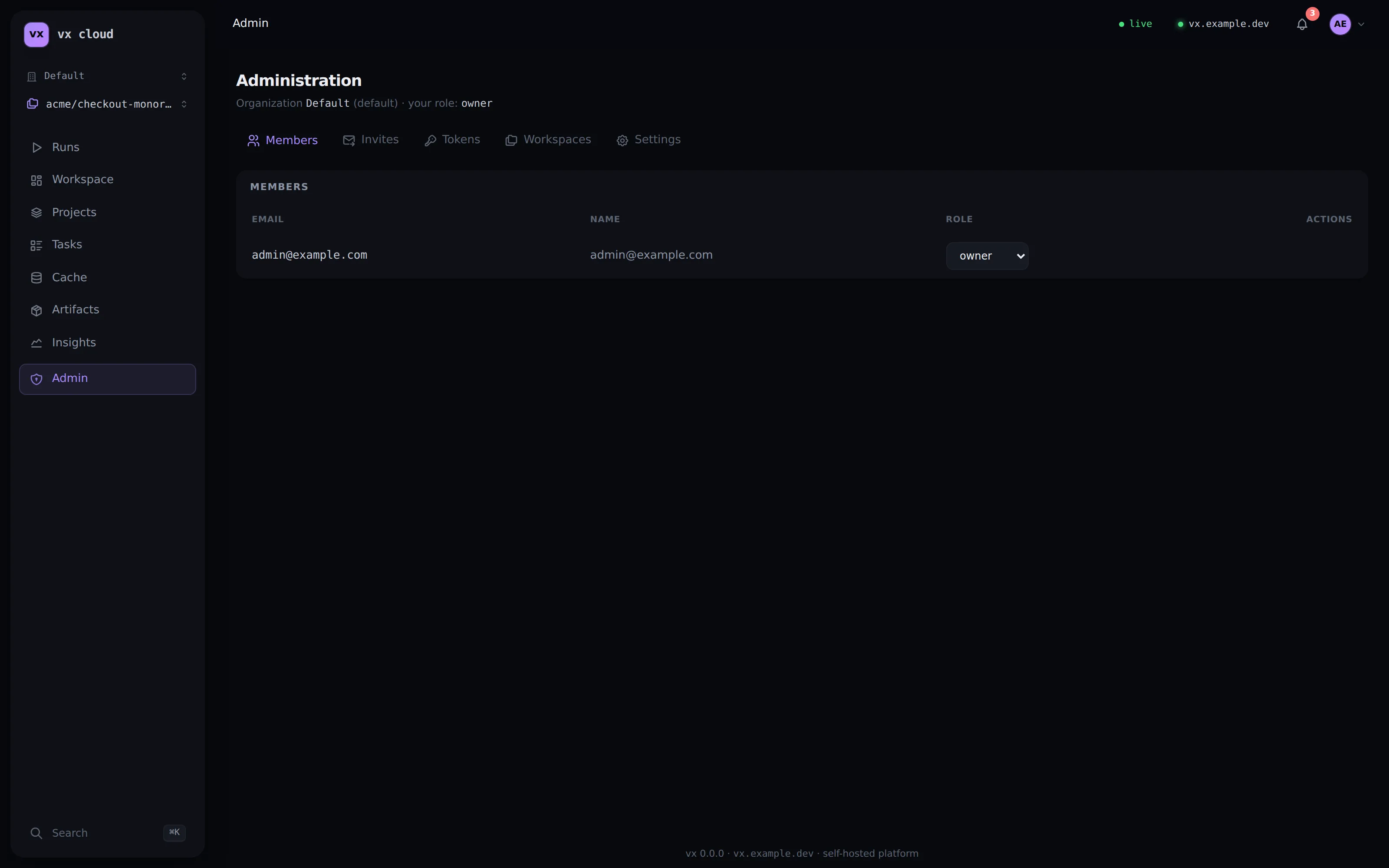 The Admin area — members, invites, tokens, and workspaces, with per-member roles