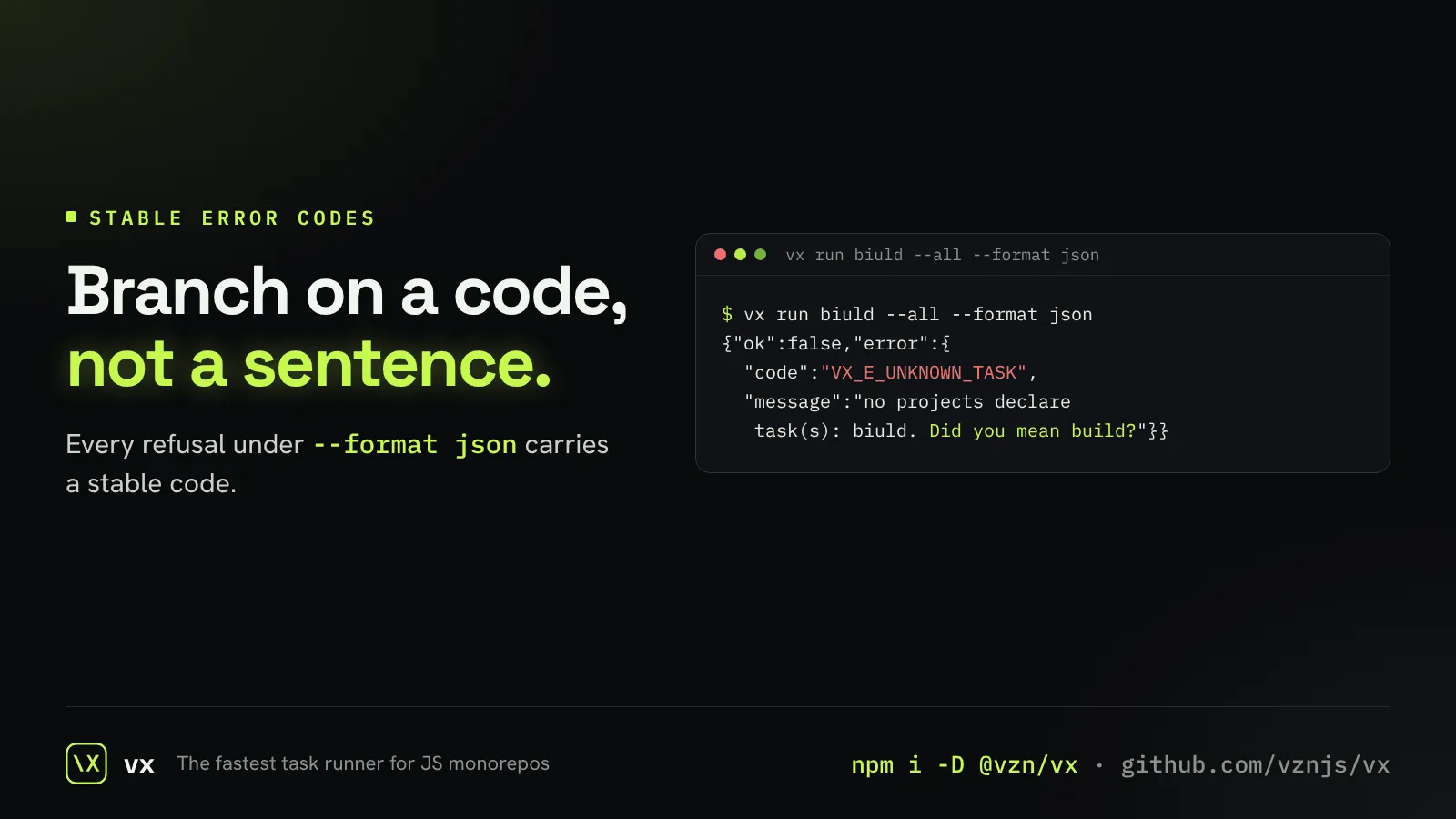 A refusal as a JSON line with a stable code.