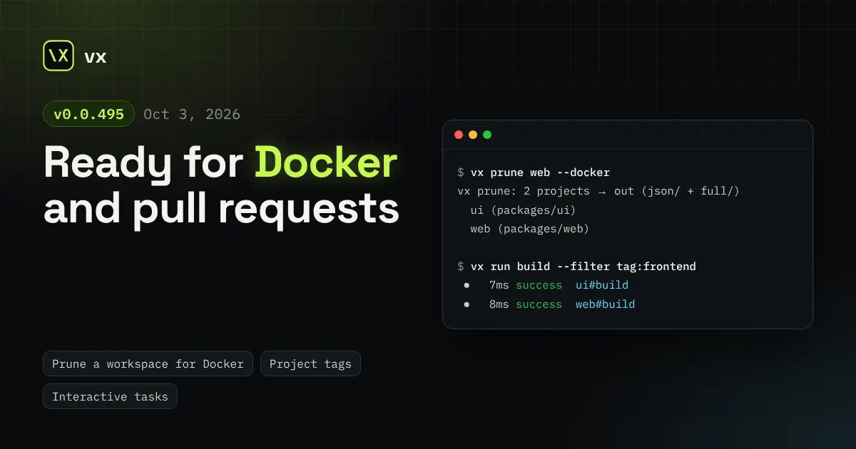 vx 0.0.495: Ready for Docker and pull requests