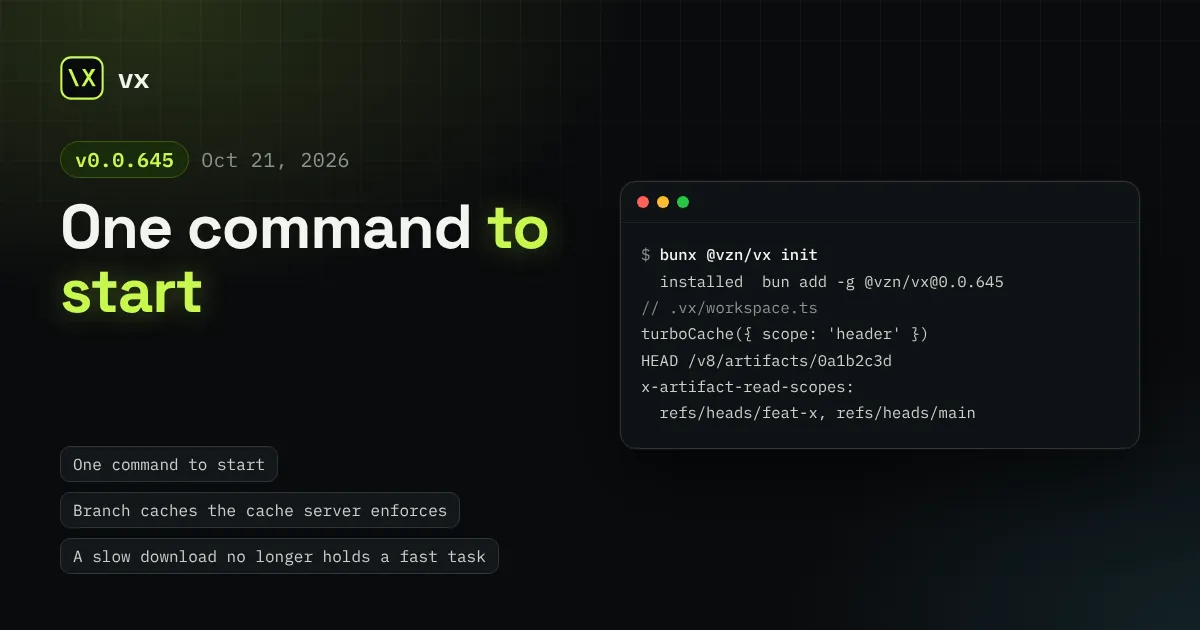 vx 0.0.645: One command to start, branch caches the server enforces